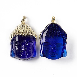 Light Gold Medium Blue Glass Pendants, with Rack Plating Brass Findings, Buddha Head, Light Gold, 38.5x26x15.5mm, Hole: 4.5x6.5mm