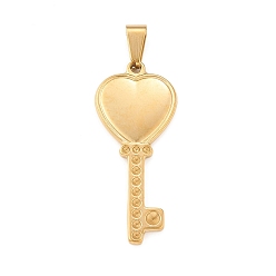Golden Ion Plating(IP) 304 Stainless Steel Pendant Rhinestone Settings, Heart Key, Golden, Fit For 1.8~3mm Rhinestone, 45x19x2.5mm, Hole: 4x8mm