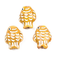 Золотистый Фарфоровые бусины ручной работы, рыба, пастельный фарфор, золотые, 20x15x8.5~9 мм, отверстие : 2.4~2.5 мм