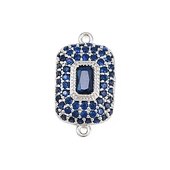 Blue Brass Micro Pave Cubic Zirconia Connector Charms, Rectangle Links, Rack Plating, Long-Lasting Plated, Platinum, Blue, 19x10x4mm, Hole: 1.2mm