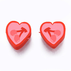 Red Handmade Polymer Clay Beads, Heart with Cherry, Red, 9~9.5x9~9.5x4~4.5mm, Hole: 1.5mm