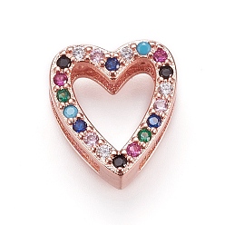 Rose Gold Brass Micro Pave Cubic Zirconia Slide Charms, Heart, Colorful, Rose Gold, 14x12.5x5mm, Hole: 2x11mm