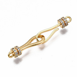 Real 18K Gold Plated Brass Micro Pave Clear Cubic Zirconia Hook and S-Hook Clasps, Nickel Free, Real 18K Gold Plated, 32mm long, Clasps: 17x4.5x4mm, Hole: 1.2mm, Pendants: 17x6x4, Hole: 1.2mm