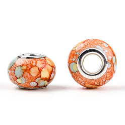 Coral Opaque Resin European Beads, Imitation Crystal, Two-Tone Large Hole Beads, with Silver Tone Brass Double Cores, Rondelle, Coral, 14x9.5mm, Hole: 5mm