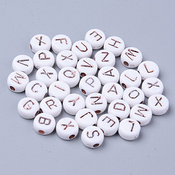 White Opaque White Acrylic Beads, Metal Enlaced, Horizontal Hole, Flat Round with Rose Gold Random Letters, 7x3.5mm, Hole: 1.8mm