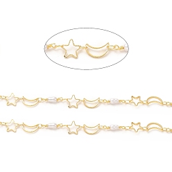 Real 18K Gold Plated Brass Star & Moon Link Chains, with ABS Plastic Imitation Pearl Beaded, Soldered, with Spool, Real 18K Gold Plated, 13.5x3mm, 8x8x0.5mm, 10x6x0.5mm