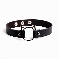 black Cute Cat Head PU Leather Collar for Punk Fashion Street Style with Lock and Clavicle Chain Jewelry