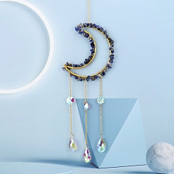 Lapis Lazuli Glass & Brass Moon Pendant Decorations, Suncatchers, Rainbow Maker, with Chips Lapis Lazuli, for Home Decoration, 520mm