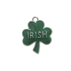 Clover Saint Patrick's Day Alloy Enamel Pendants, Word Irish, Platinum, Clover, 23x23mm, 10pcs/bag
