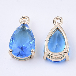 Dodger Blue Transparent Glass Charms, with Brass Findings, Faceted, Teardrop, Light Gold, Dodger Blue, 15x8x6mm, Hole: 1.2mm