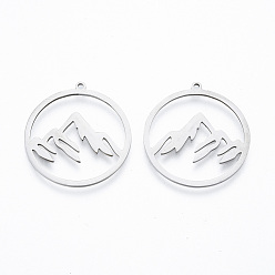 Stainless Steel Color 201 Stainless Steel Pendants, Ring with Mountain, Stainless Steel Color, 27.5x26x1mm, Hole: 1.4mm