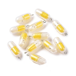 Yellow Translucent Plastic Pendants, Pill Capsule Charm, with Platinum Tone Iron Loops, Yellow, 29x10.5mm, Hole: 2mm