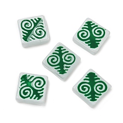 Зеленый Выпечка окрашенные стеклянные бусины, квадрат с рунами, с эмалью, зелёные, 18x18x6~6.5 мм, отверстие : 1.4 мм
