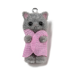 Dark Gray Flocking Opaque Resin Pendants, Cat in Pink Clothes Charms with Platinum Tone Iron Loops, Dark Gray, 35x16.5x16mm, Hole: 2mm