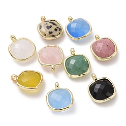 Mixed Stone Gemstone Pendants, Faceted Square Charms, with Golden Plated Brass Edge Loops, 16.5x13x6mm, Hole: 2.2mm