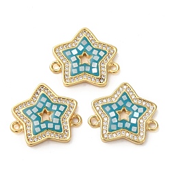 Deep Sky Blue Rack Plating Brass Micro Pave Clear Cubic Zirconia Star Connector Charms, with Shell & Enamel, Real 18K Gold Plated, Long-Lasting Plated, Lead Free & Cadmium Free, Deep Sky Blue, 18x20x2mm, Hole: 2mm