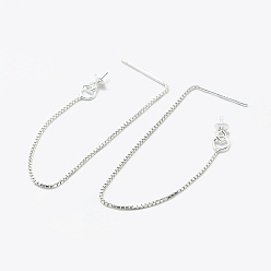 Silver 925 Sterling Silver Ear Stud Findings, with 925 Stamp, Ear Thread, with Box Chain & Cup Pearl Bail Pin, Silver, 83x1mm, Pin: 0.8mm, Tray: 3mm