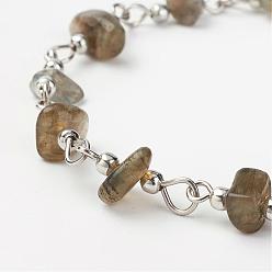 Лабрадорита Натуральные лабрадоритовые чипсы ручной работы из бисера, несварные, С латунными бусинами и железными штифтами, платина, 39.37 дюйм (1 м)