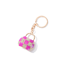Deep Pink Rhinestone Hand Bag Keychains, KC Gold Plated Alloy Enamel Charm Keychain, Deep Pink, 10x4cm