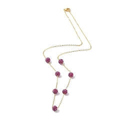 Fuchsia Polymer Clay Rhinestone Beads Necklace, 304 Stainless Steel Cable Chain Necklaces for Women, Fuchsia, 17.91 inch(45.5cm)