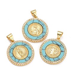 Синтетическая Бирюза Латунные микро проложить кубического циркония подвески, с синтетическими бирюзовый, реальный 18 k позолоченный, плоский круглый с рисунком рамдона, 22x20x2.5 мм, отверстие : 4.5x3 мм