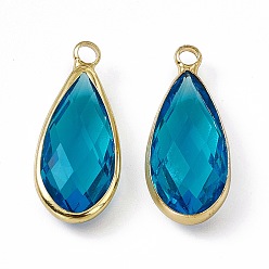 Indicolite K9 Glass Pendants, Teardrop Charms, Faceted, with Light Gold Tone Brass Edge, Indicolite, 24.5x10.5x5.5mm, Hole: 2.3mm