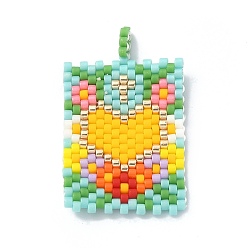 Yellow Handmade Japanese Seed Loom Pattern Seed Beads, Rectangle with Heart Pendants, Yellow, 32x19.5x1.5mm, Hole: 2.5mm