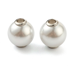 White Plastic Imitation Pearl Beads, with Stainless Steel Color Plated 304 Stainless Steel Cores, Round, White, 12x13mm, Hole: 3.5mm
