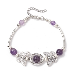 Аметист Браслеты из натурального аметиста, бабочка, с круглыми бусинами из сплава в тибетском стиле и латунными трубчатыми бусинами, 7-3/4 дюйм (19.8 см)