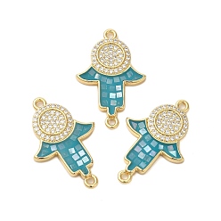 Светлый Морско-зеленый Покрытие стойки латунь микро-паве прозрачный кубический цирконий Хамса звенья для рук подвески-соединители, с эмалью и ракушкой, реальный 18 k позолоченный, долговечный, без свинца и без кадмия, светло-зеленый, 27x18x2 мм, отверстие : 1.5 мм