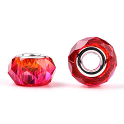 Cerise Transparent Resin European Beads, Imitation Crystal, Two-Tone Large Hole Beads, with Silver Tone Brass Double Cores, Faceted, Rondelle, Cerise, 14x8.5mm, Hole: 5mm