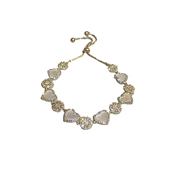 Golden Clear Cubic Zirconia Heart and Sun Link Slider Bracelet, Brass Jewelry for Women, Golden, 10-1/4 inch(26cm)