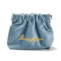 Light Blue Velvet Spring Snap Closure Change Purse, Embroidered Word Clutch Bags, Storage Pouch for Jewelry Earphone, Rectangle, Light Blue, 12x13.5x1.8cm