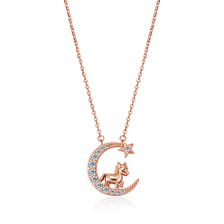 Horse Chinese Zodiac Necklace Horse Necklace 925 Sterling Silver Rose Gold Horse on the Moon Pendant Charm Necklace Zircon Moon and Star Necklace Cute Animal Jewelry Gifts for Women, Horse, 15 inch(38cm)