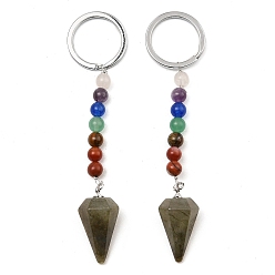 Labradorite Natural Labradorite Cone Pendant Keychain, with 7 Chakra Gemstone Beads and Platinum Tone Brass Findings, 108mm