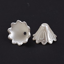 Creamy White Multi-Petal Flower ABS Plastic Imitation Pearl Bead Caps, Creamy White, 10x15mm, Hole: 2mm