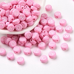 Pearl Pink Opaque Acrylic Beads, Horizontal Hole, Mixed Letters, Flat Round with Letter, Random Letters, Pearl Pink, 7x4mm, Hole: 1.5mm, about 3700pcs/500g
