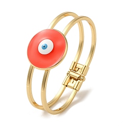 Orange Red Rack Plating Brass Enamel Evil Eye Hollow Bangles for Women, Golden, Long-Lasting Plated, Lead Free & Cadmium Free, Orange Red, Inner Diameter: 2-1/2x1-3/4 inch(6.2x4.4cm)
