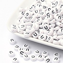 Letter U Acrylic Beads, with Horizontal Hole, Letter, Flat Round, Letter.U, 7x4mm, Hole: 1mm, about 3500pcs/500g