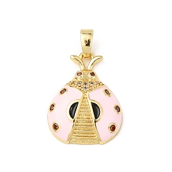 Pink Латунные подвески с микропаве из кубического циркония и эмали, коровка, стойки покрытие, долговечный, без свинца и без кадмия, реальный 18 k позолоченный, розовые, 20x15.5x5 мм, отверстие : 5x3 мм