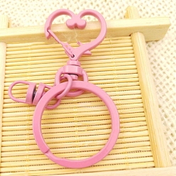 Pink Alloy Swivel Keychain Clasps, with Key Rings, Heart, Pink, 68mm