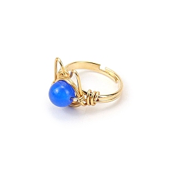 Lapis Lazuli Natural Lapis Lazuli Adjustable Ring, Cat Shape Golden Brass Wire Wraped Ring, Wide: 8mm
