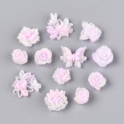 Pink Светящиеся цветочные кабошоны из смолы, для изготовления ювелирных изделий, с блеском порошок, светится в темноте, розовые, 6~12x6~12x2.5~6 мм, о 2500~3000 шт