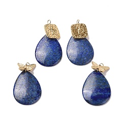 Lapis Lazuli Natural Lapis Lazuli Pendants, Teardrop Charm, with Ion Plating(IP) Golden Tone 304 Stainless Steel Rectangle/Butterfly Findings, 38.5mm, Teardrop: 32.5x23.5x4mm, Hole: 2mm