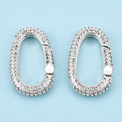 Silver Brass Micro Pave Clear Cubic Zirconia Spring Gate Rings, Oval, Nickel Free, Silver, 25x15x4.5mm