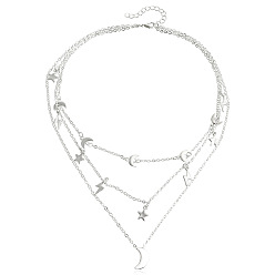 silver Vintage Double-layered Alloy Necklace with Star and Moon Pendant - Creative, Simple and Elegant Jewelry