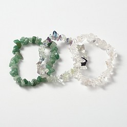 Green Multi-strand Gemstone Chips Stretch Bracelets, 3 Bracelets a Set, Green, 53~55mm