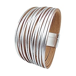 Silver PU Leather Multi-strand Bracelets, with Magnetic Clasps, Silver, 8-1/8 inch(20.5cm)