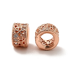 Rose Gold Rack Plating Brass Micro Pave Cubic Zirconia Beads, Long-Lasting Plated, Cadmium Free & Lead Free, Column with Clover, Rose Gold, 6x4mm, Hole: 3.5mm