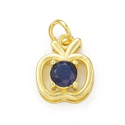 Dark Blue Rack Plating Brass Cubic Zirconia Charms, with Jump Ring, Cadmium Free & Lead Free, Long-Lasting Plated, Real 18K Gold Plated, Apple Charm for Teacher's Day, Dark Blue, 13x10.5x5.5mm, Hole: 3mm